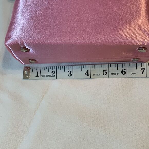 Truly small handbag/clutch.  Pink satin with rhinestone letters on black strap - Picture 4 of 8